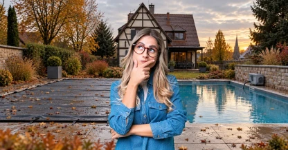 Quel hivernage choisir : femme hésitant entre piscine bâchée et piscine ouverte en automne