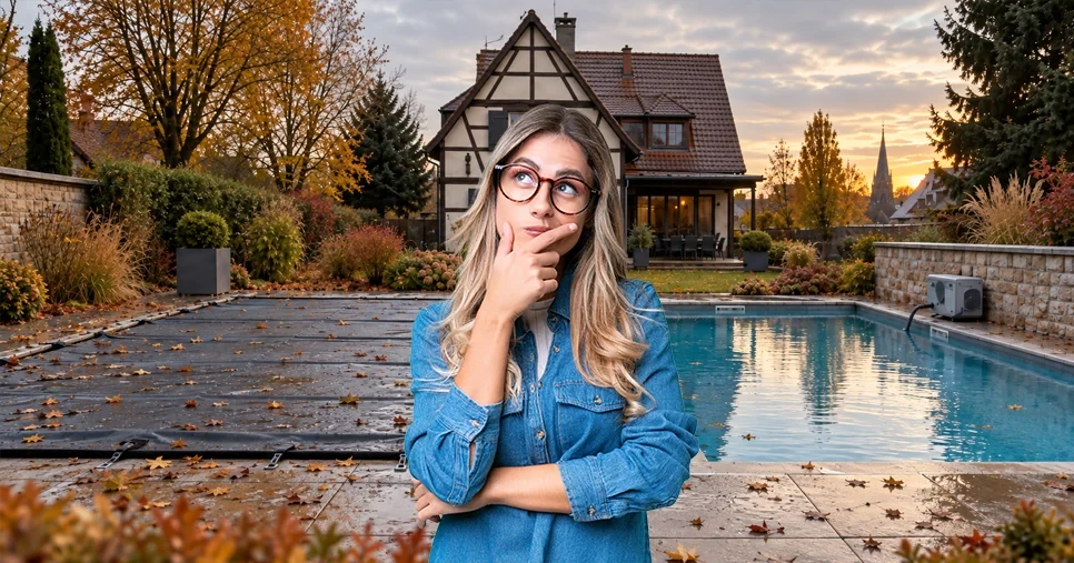 Quel hivernage choisir : femme hésitant entre piscine bâchée et piscine ouverte en automne